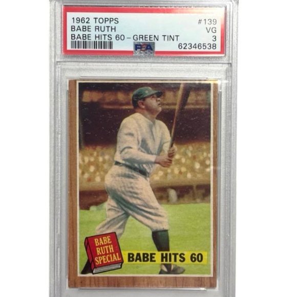 Original-1962 Topps 139 Babe Ruth Babe Hits 60 PSA 3 Green Tint-Rare - Picture 2 of 3